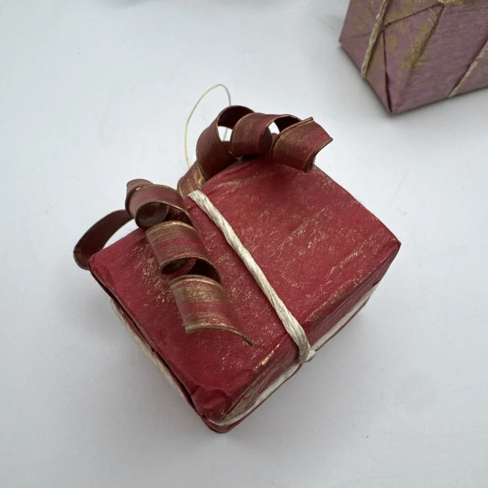 Vintage 80s Dansk‎ Christmas Ornaments Presents Paper Mache Ribbon Set 6 Box